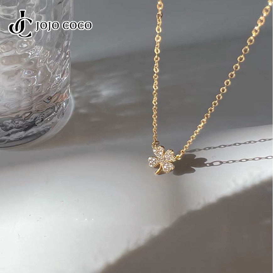 Jojo COCO S925 Silver Lucky Four Leaf Clover สร้อยคอผู้หญิงสไตล์เกาหลีเพชรเต็มดอกไม้สร้อยคอกระดูกไหปลาร้า