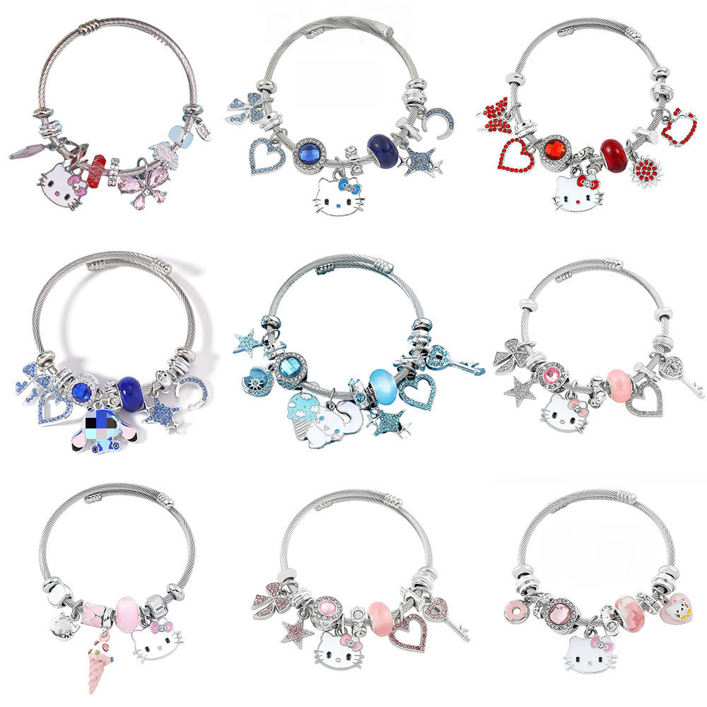 น่ารัก Hello Kitty Cinnamoroll จี้กําไลข้อมือสําหรับเด็ก Rhinestone Heart Star สร้อยข้อมือเครื่องประดับ