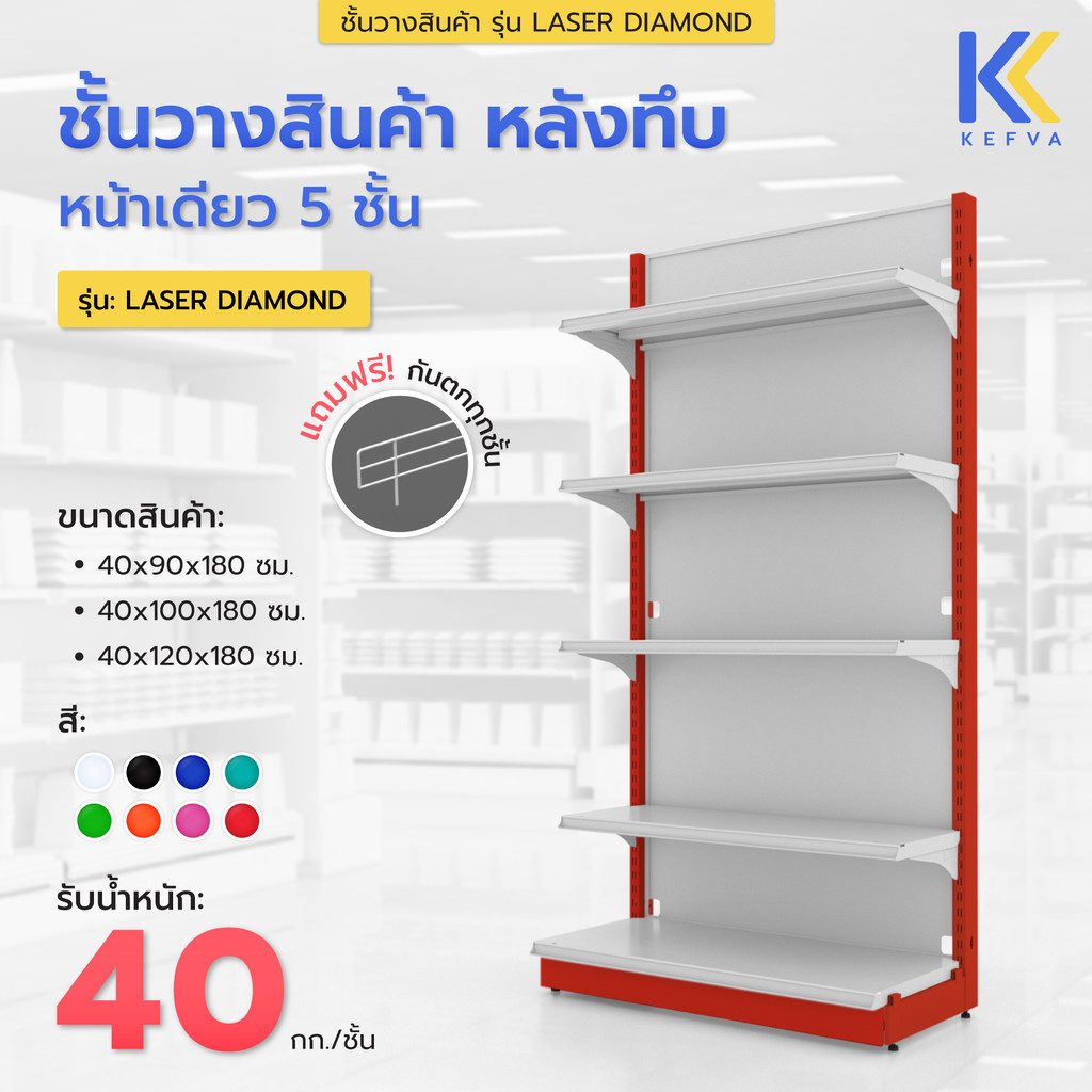 KEFVA ชั้นวางสินค้ามินิมาร์ท 5 ชั้น หลังทึบ หน้าเดียว สูง 180 cm รุ่น Laser Diamond รับนน. 40kg/ชั้น เชลฟ์วางของเหล็ก