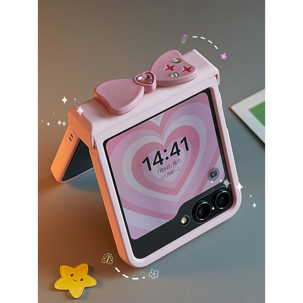 Lushuo เคสโทรศัพท์สําหรับ Samsung Galaxy Z Flip 6 5 Big Window PC ฝาหลังพร้อม Bowknot และป้องกันหน้าจอสําหรับ Flip5 Flip6