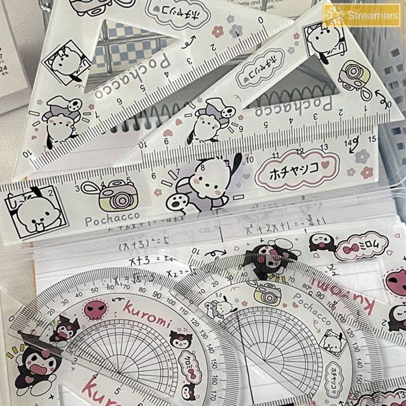 SANRIO {Streamers} 4ชิ้น/เซ็ตsanrioชุดไม้บรรทัดการ์ตูนkuromi Cinnamorollชุดไม้บรรทัดอะคริลิคสามเหลี่ยมขอบตรงรอบไม้บรรทัดนักเรียนเครื่องเขียนใหม่