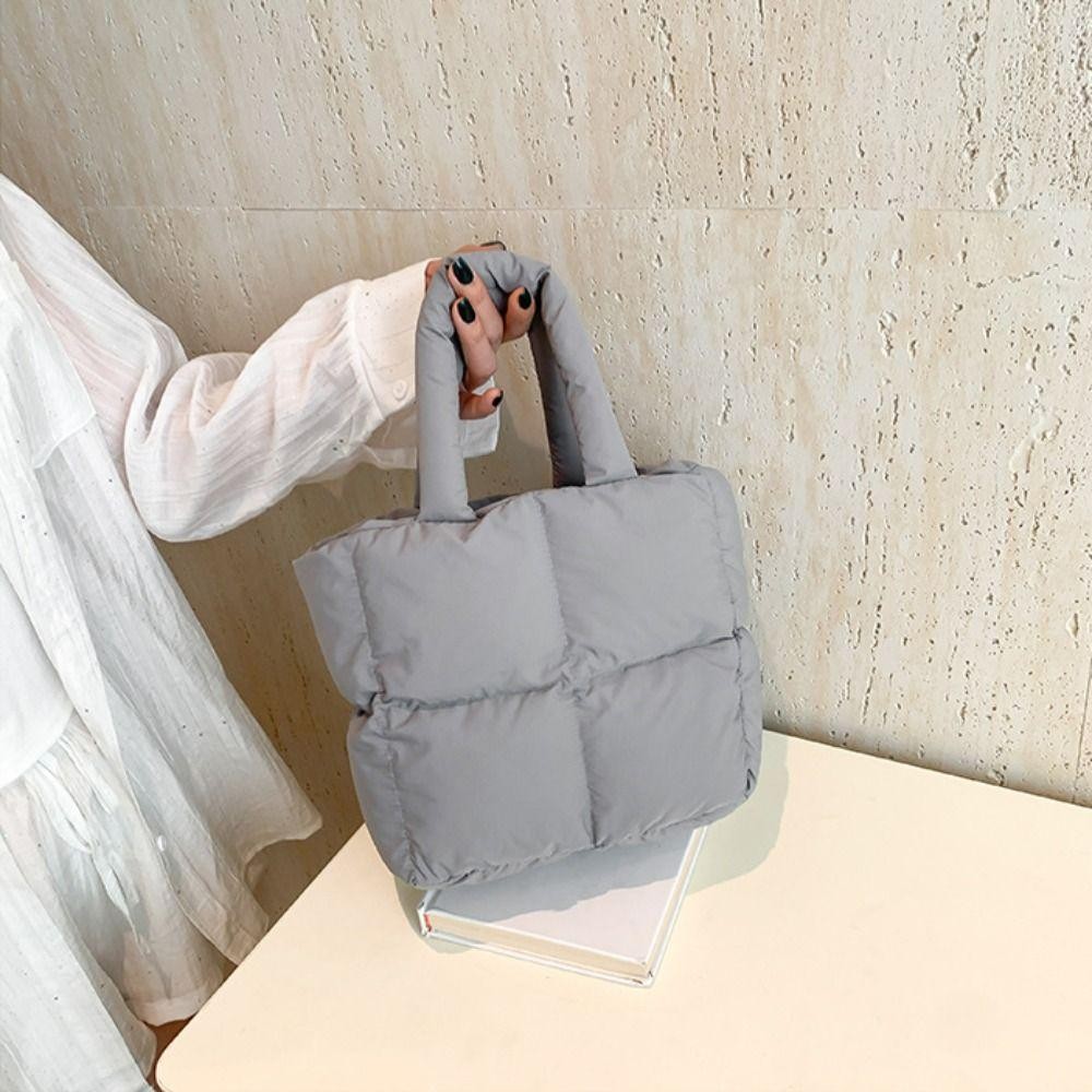 Lfinds Space Cotton กระเป๋าถือ, สีทึบไนลอน Cloud Tote Bag, แฟชั่นเบาะความจุขนาดใหญ่ Handle Puffy กระเป๋าสะพายทุกวัน