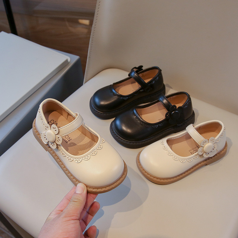 Elegant Frill Flowers Baby Girls Leather Flat Shoes Simple Solid Color Soft Sole Anti-slippery Kids Shoes Size 23-35