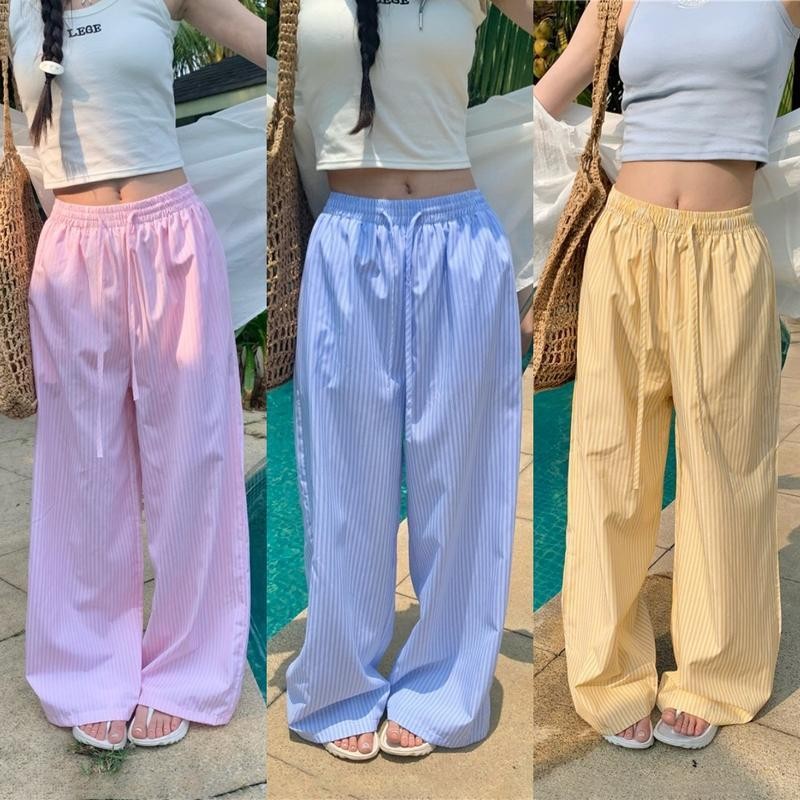 MIMI&DIDI#กางเกงลายทางแฟชั่น ขากว้วง กางเกงขายาวลําลอง ผ้าบางๆ ส่สบาย สไตล์เกาหลีมี S-XXXL#3157