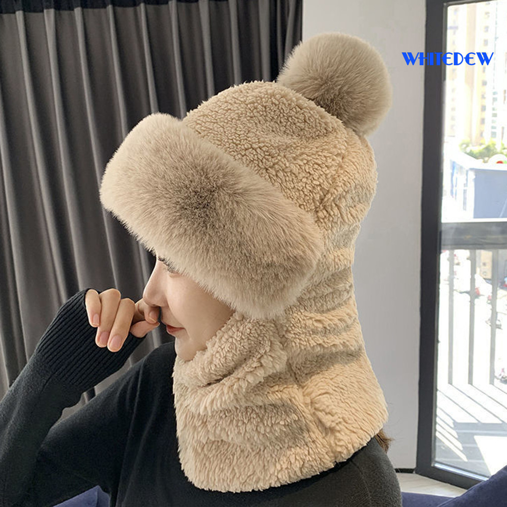 WHT-Plush หมวก Fuzzy Pompom Decor 2 in 1 อเนกประสงค์หนาหัว Face คอป้องกันสีทึบ Windproof ฤดูหนาวผู้ห
