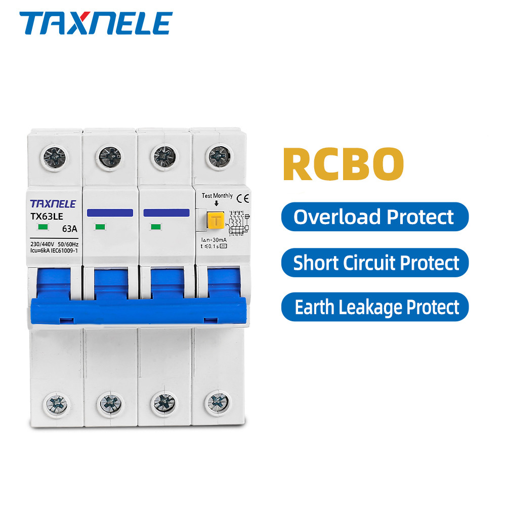 Taxnele RCBO 63A 380V 4P เซอร์กิตเบรกเกอร์ MCB 30mA ป้องกันการรั่วกระแสสั้นเกิน