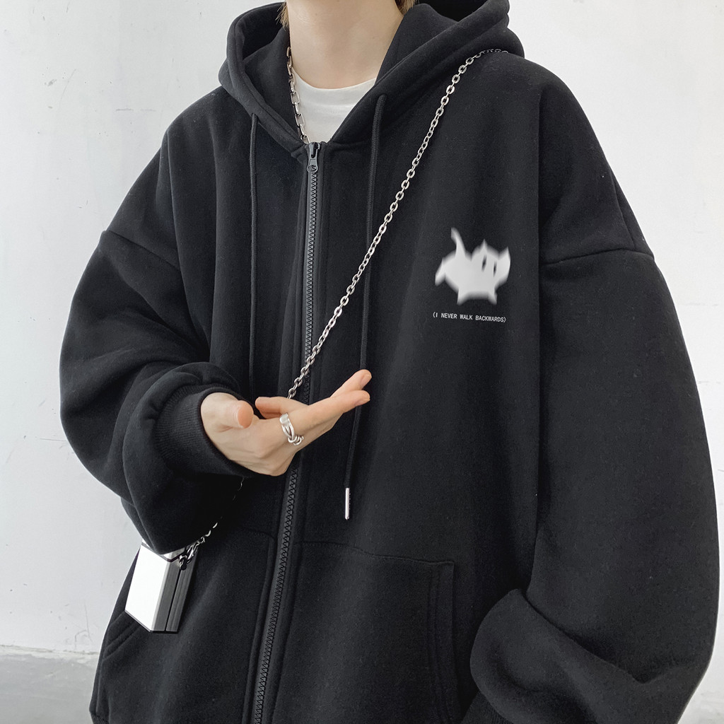เสื้อแจ็กเก็ตกันหนาว มีฮู้ด มีซิป รูปแบบลูกแมว แฟชั่นฤดูใบไม้ร่วง สไตล์สตรีท อเมริกันเรโทร สําหรับผู้ชาย