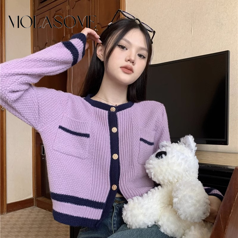 โมลาโซเมะ ผู้หญิง2024แฟชั่นใหม่สีคมชัดถักคอกลมแขนยาวทุกการแข่งขันเสื้อคาร์ดิแกนลําลอง