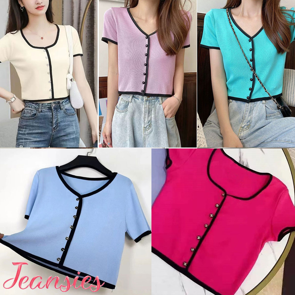 เสื้อคอกลมหญิงแขนสั้น ดีไซน์เอวสูง
