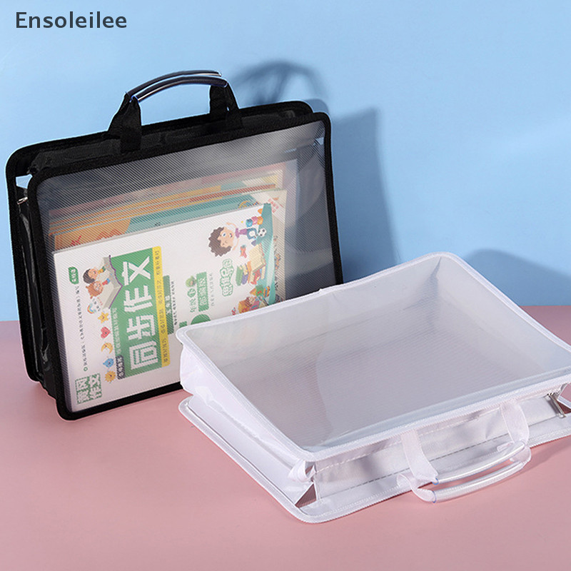 Ensoleilee โปร่งใส A4 แฟ้มกระเป๋าถือขนาดใหญ่ความจุกันน้ําเอกสารนักเรียนธุรกิจแบบพกพา Double Layer Zipper Storage กระเป๋าใหม่