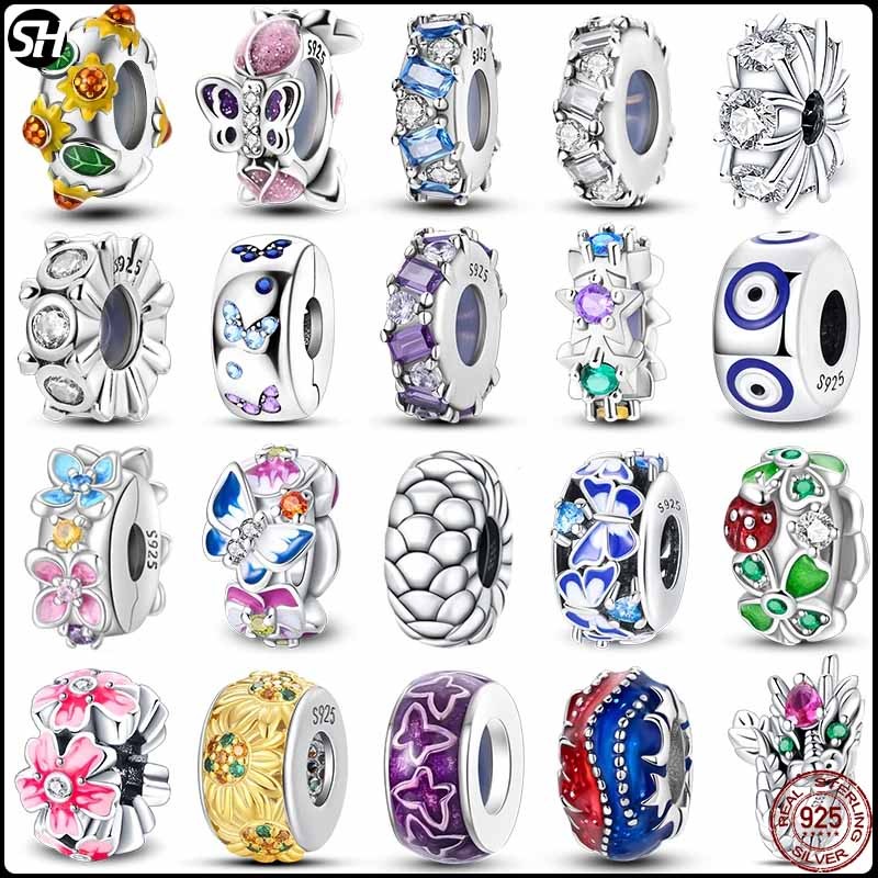 Charms S925 เงินสเตอร์ลิงผีเสื้อดอกไม้ที่มีสีสัน Zircon ซิลิโคน Spacer ลูกปัด Fit charms ลูกปัดสร้อยข้อมือเดิม Fine DIY เครื่องประดับ