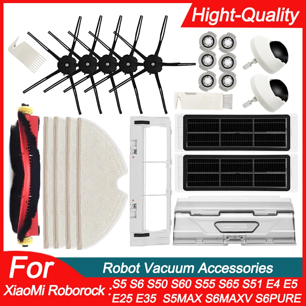 Roborock S5/S50/S51/S55/S60/S6/E4/E5 อะไหล่เครื่องดูดฝุ่น: แผ่นกรอง HEPA,Mop Rag,Roller/แปรงด้านข้าง