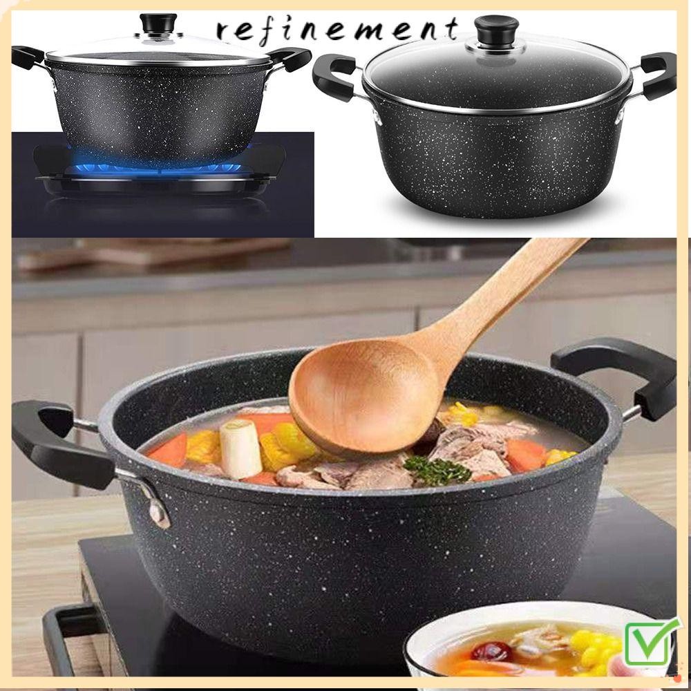 Refinement หม้อซุป, สต็อกกระทะหิน Maifan แบบไม่ติด, สากลพร้อมฝาปิดในครัวเรือนสองหูเครื่องครัวเตาแม่เหล็กไฟฟ้าแก๊ส ราคา ถูกที่สุด ดีลบีเคเค