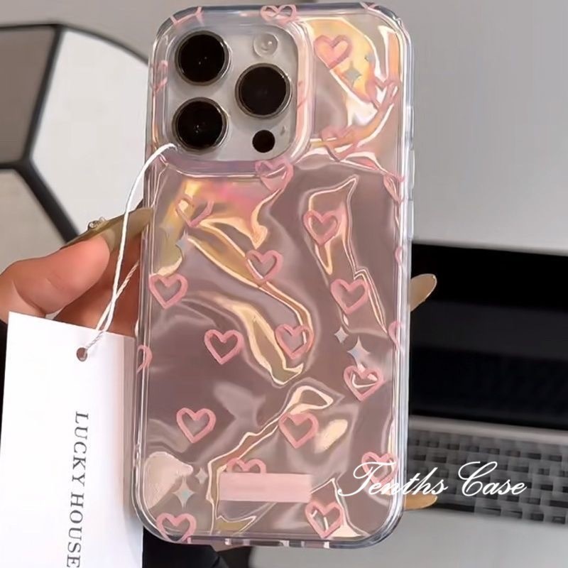 ใช้งานร่วมกับสําหรับiphone 11 15 14 13 12 Pro Max X XR Xs Max 8 7 Plus SE 2020 โรแมนติกสีชมพูหัวใจระลอกน้ําเคสโทรศัพท์ปกอ่อน