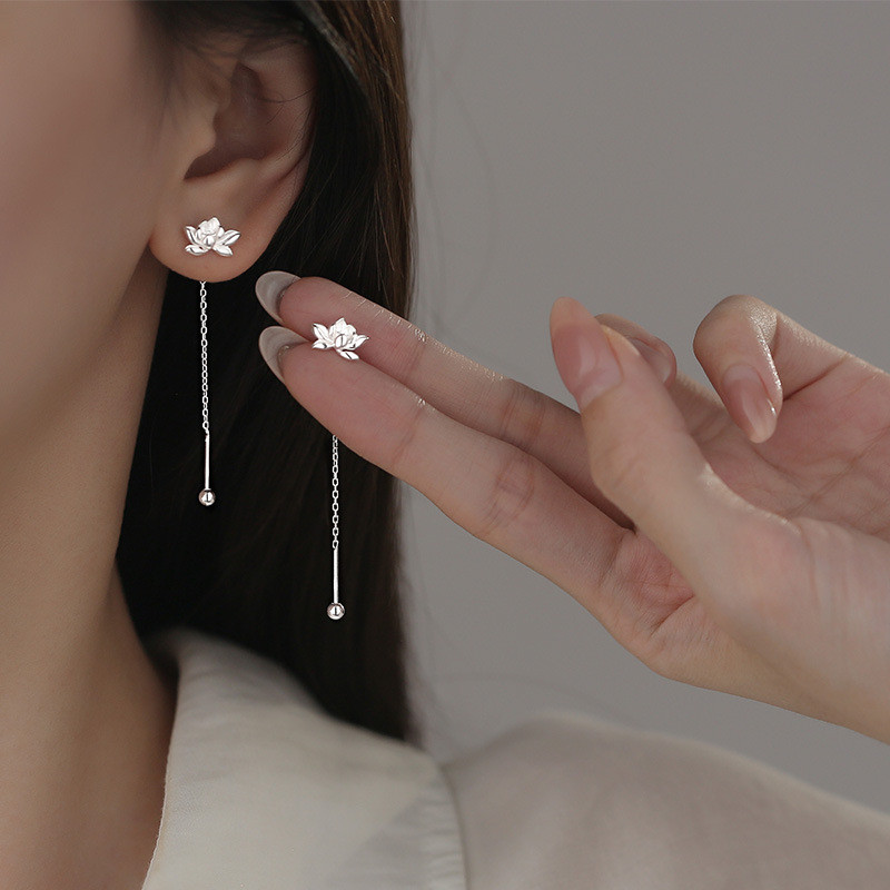 925 Silver-Plated Lotus Ear Line หญิง 2024 ออกแบบใหม่ใหม่สไตล์จีนแฟชั่น Classy Lotus ต่างหู