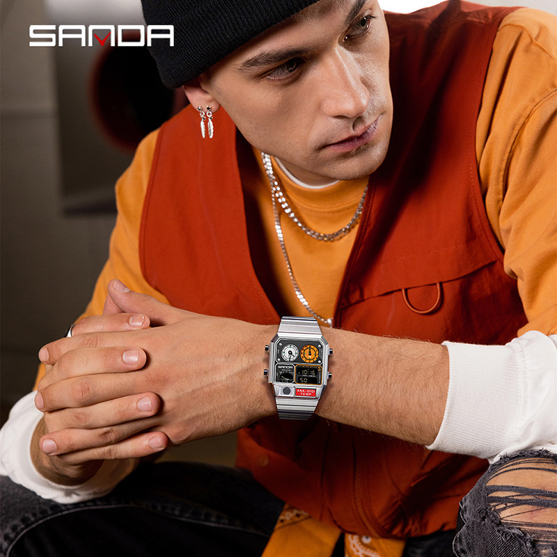 Sanda Retro อินเทรนด์ Punk Dual Display Luminous กันน้ําอิเล็กทรอนิกส์ควอตซ์นาฬิกาผู้ชาย SD3192-5