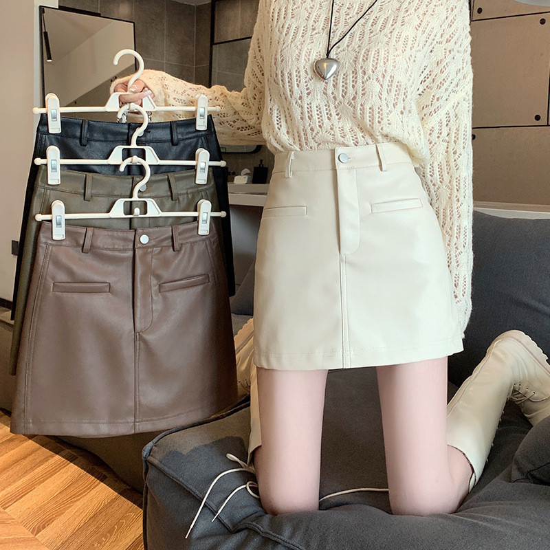 【ส่งไวจากไทย】Maisidamall กระโปรงหนังมีกางเกงด้านในมีกระดุมและซิปหน้ามีกระเป๋ากระโปรงสีดําของผู้หญิง