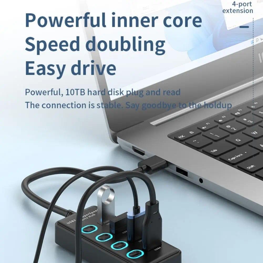 Fonken USB3.0/USB2.0 HUB สําหรับ Windows11/10/8 Mac OS Linux 2.6.14 4 พอร์ต USB Splitter Power Adapter พร้อมสวิทช์และไฟ