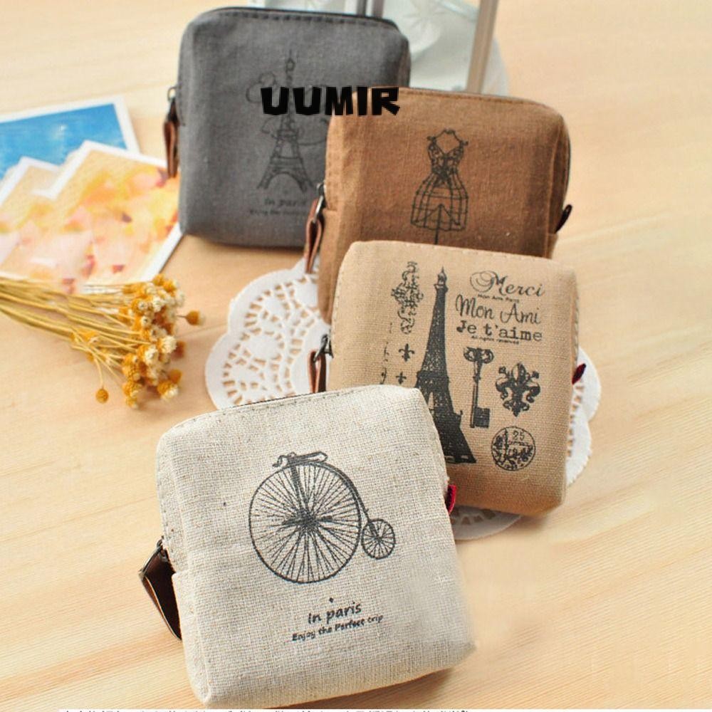 UUMIR กระเป๋าใส่เหรียญย้อนยุค,ผ้าเก็บกระเป๋าสตางค์ขนาดเล็ก,สไตล์ปารีสซิปพิมพ์วินเทจผู้หญิงกระเป๋าใบเล็กผู้หญิงสุภาพสตรี