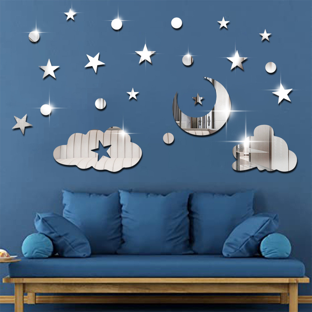 Star Moon Cloud Mirror 3d สามมิติตกแต่งสติ๊กเกอร์ติดผนังห้องนอน Wall Room Wall Self-Adhesive