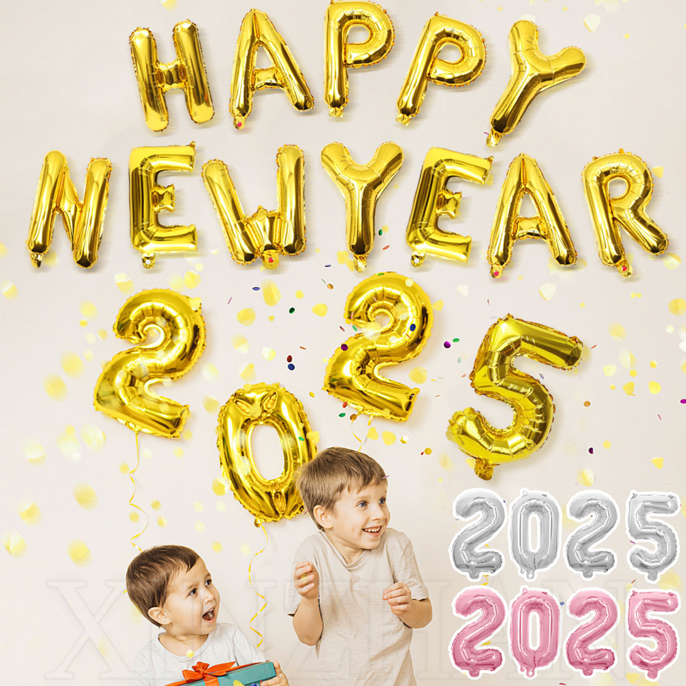 มีความสุข ใหม่ ปี 2025 ลูกโป่งฟอยล์ - อุปกรณ์งานเลี้ยงปีใหม่ - พร๊อพถ่ายรูปตกแต่งบ้าน - ชุดบอลลูนตัวอักษร 16 นิ้ว - กุหลาบ, ทอง, เงิน, สีแดง, สีด
