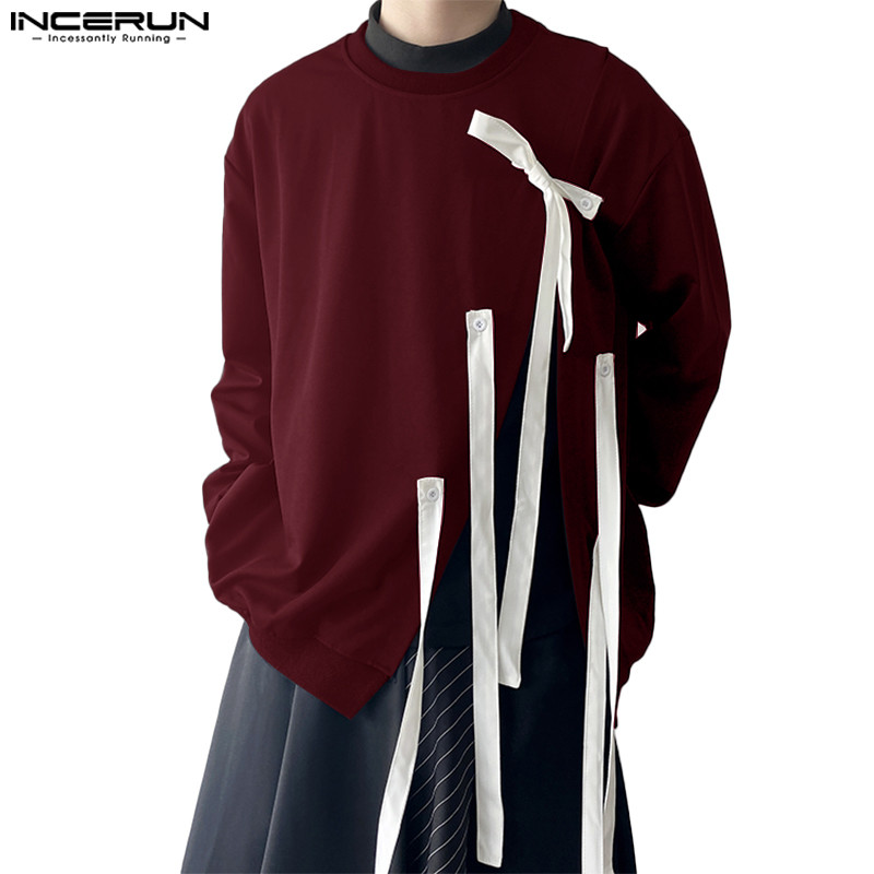 ไม่แน่นอน ผู้ชายแฟชั่นเกาหลีรอบคอริบบิ้นเสื้อสวมหัวลําลอง เสื้อฮู้ด