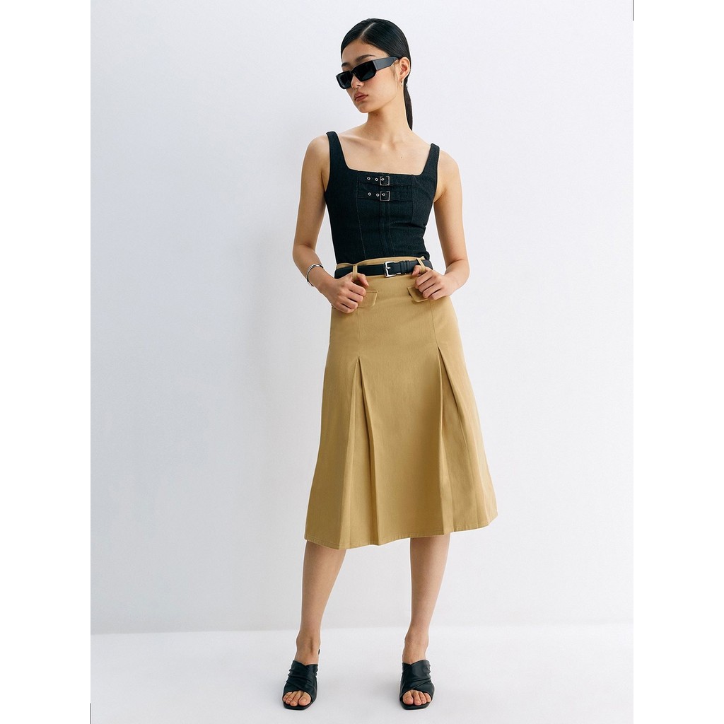 [Pomelo] กระโปรงพลีทผ้ายีนส์ / Pleated Denim Midi Skirt