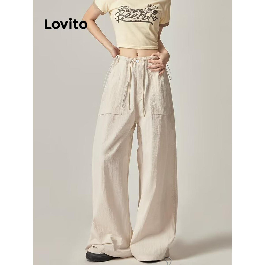 Lovito กางเกงขายาวผู้หญิง รูดเชือก สีพื้น สไตล์ลำลอง LNA69145