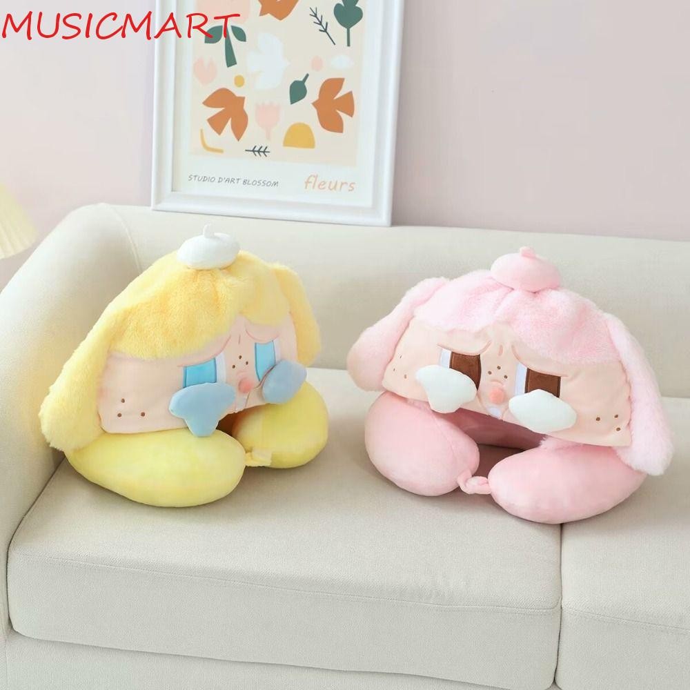 Musicmart หมอนรูปตัว U พร้อมหมวก Kawaii Crybaby หมอนเดินทาง, หมอนเบาะคอป้องกันแฟชั่น Soft Pop Mart ของเล่นตุ๊กตาพนักพิงศีรษะ