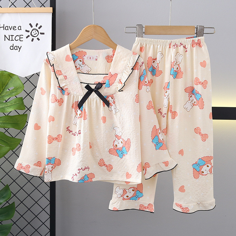 คลังสินค้าพร้อม 105-150 ซม. ฤดูใบไม้ผลิฤดูใบไม้ร่วงสาวบางแขนยาวชุดนอนชุดกลางเด็กใหญ่การ์ตูน Ruffled Princess Homewear - รูปที่ 4