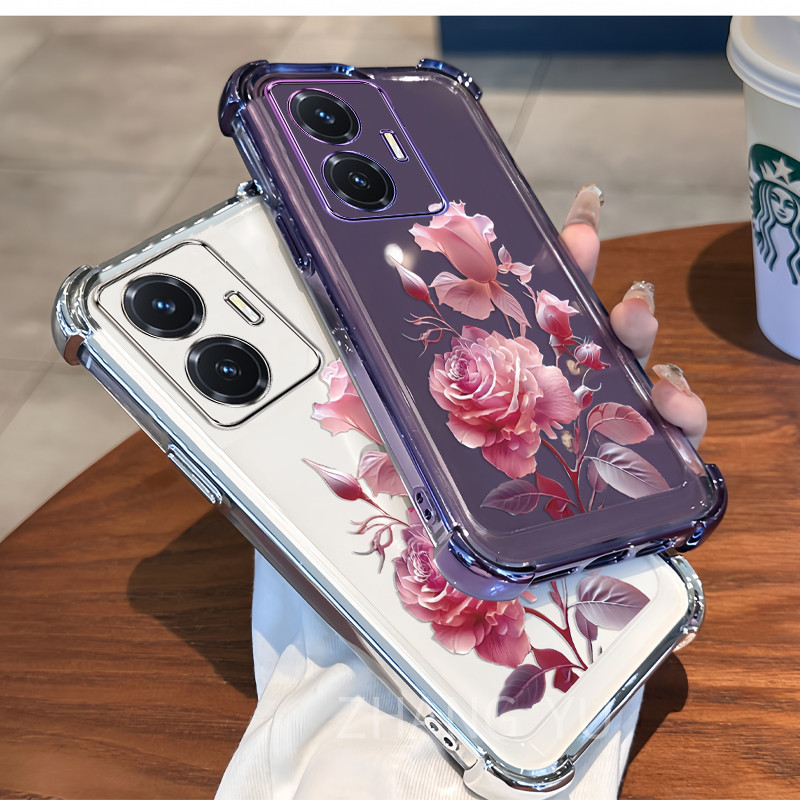 กันกระแทก Case vivo Y77 Y76 5G y77e Y76S เคสโทรศัพท์ TPU ล่าสุด Rose รูปแบบโปร่งใส Soft Case