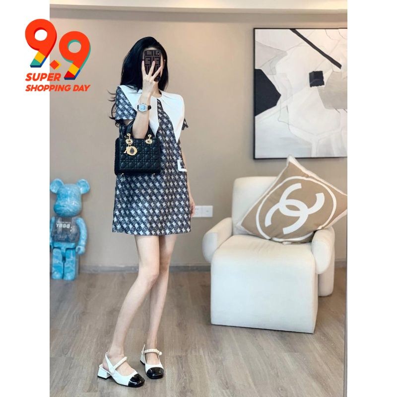 รสนิยมสูง ผอมเพรียว กระโปรงสั้น กระโปรงสั้น ดีไซน์ใหม่รับซัมเมอร์ เดรสสีกรมท่า กระโปรงสั้น