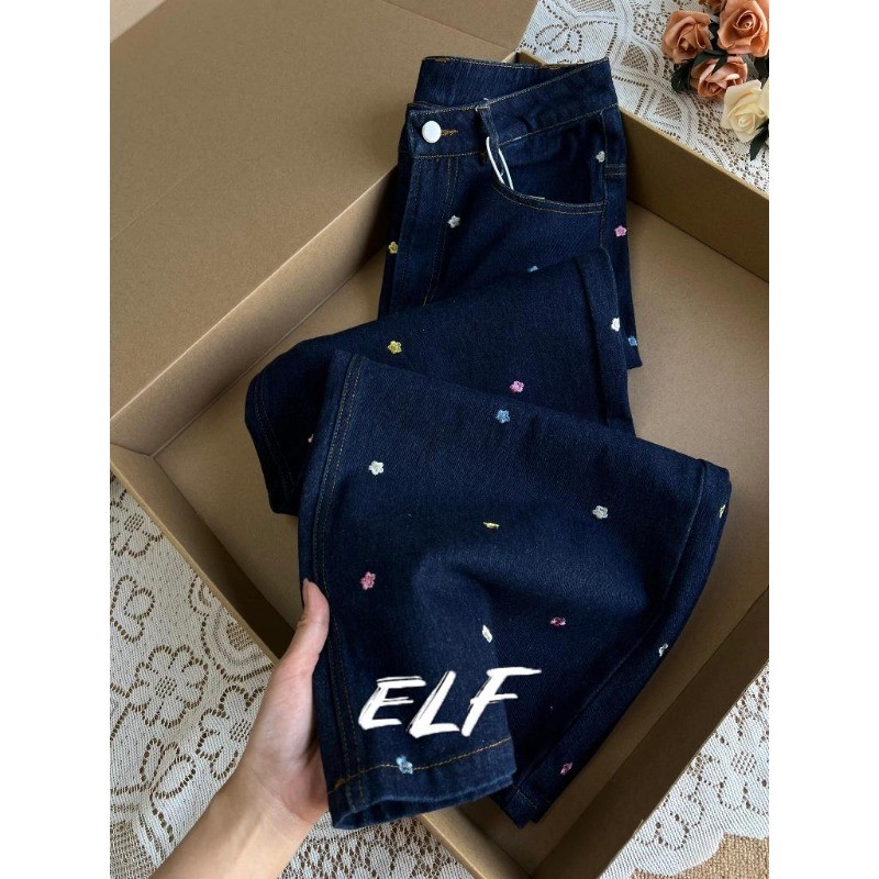 ELFwoo กางเกงยีนส์เย็บปักถักร้อยลายดอกไม้สีสันสดใสพร้อมการออกแบบที่ยื่นออกมาพร้อมตัวรับสัญญาณกางเกงขากว้างเอวสูง