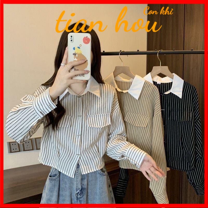 สินค้าใหม่เสื้อเชิ้ตแขนยาวลายทางสำหรับคนตัวเล็กเสื้อเชิ้ตผู้หญิงดีไซน์สั้นเสื้อเฉพาะกลุ่มฤดูใบไม้ผลิและฤดูใบไม้ร่วงมีสต็อกใหม่ mgv6