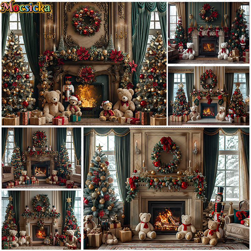 คริสต์มาสเตาผิงหมีฉากหลังเด็กเด็กการถ่ายภาพครอบครัว Photocall คลาสสิก Retro Wall Xmas ต้นไม้พื้นหลัง