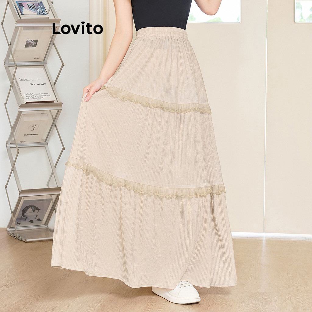 Lovito กระโปรงผู้หญิง หลายเลเยอร์ แต่งระบาย สีพื้น สไตล์โรแมนติก L97AD179