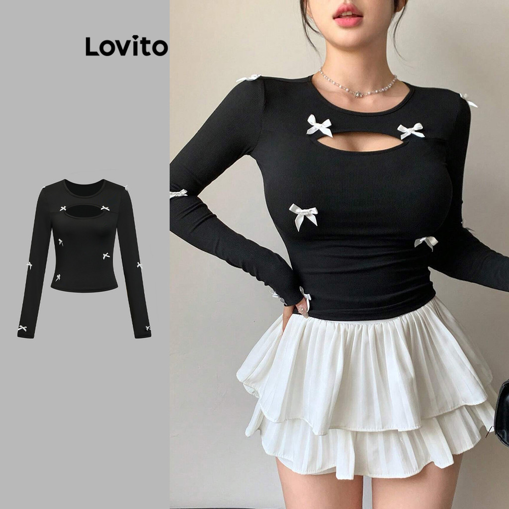 Lovito เสื้อยืดลำลองโบว์ธรรมดาสำหรับผู้หญิง L105MD238