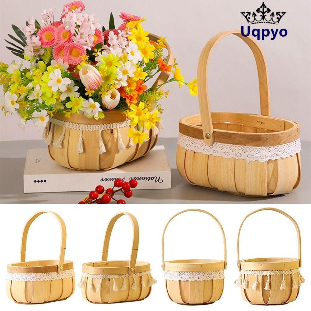 Uqpyo ตะกร้าดอกไม้ถักเปีย, ไม้ทอมือการจัดดอกไม้ตะกร้า,สร้างสรรค์ปิกนิกทนทานลูกไม้พู่ตะกร้าเก็บห้องนอน