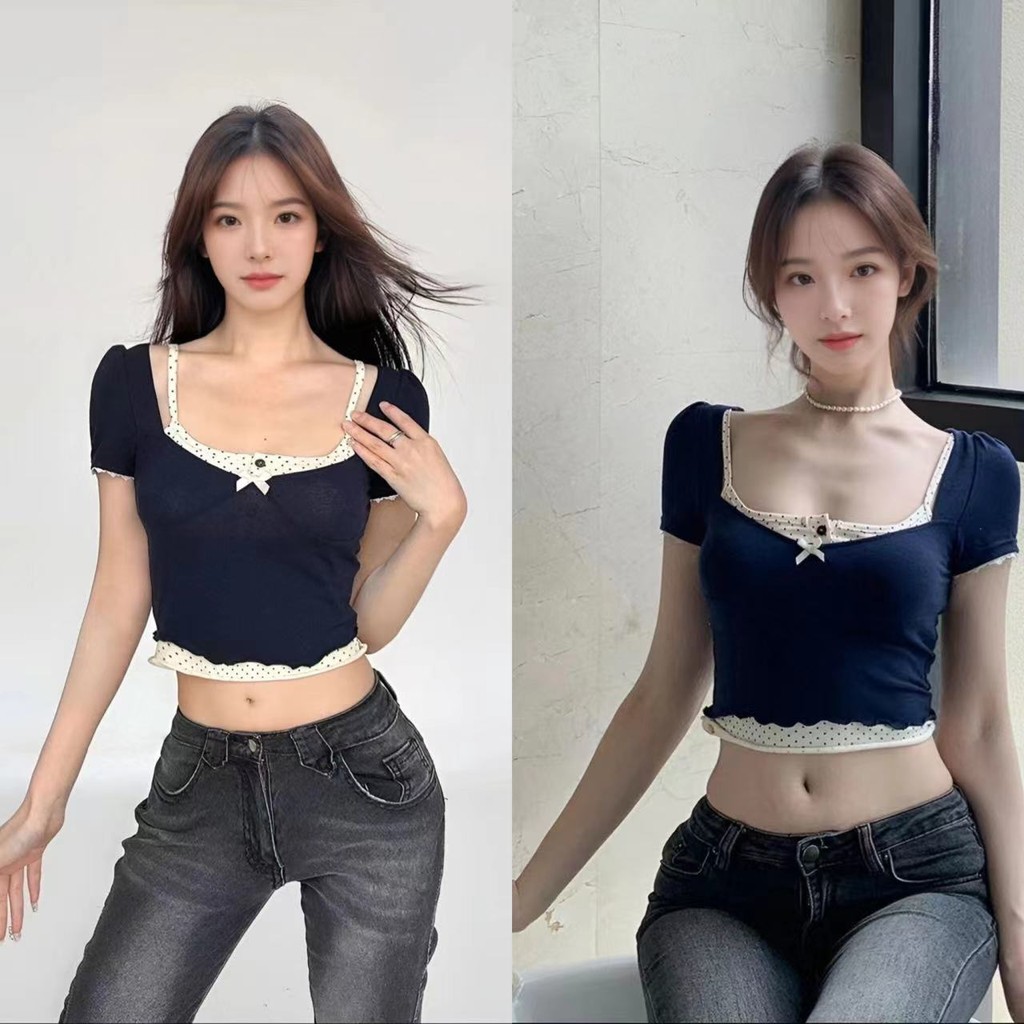 เสื้อยืดสไตล์วินเทจสีสันตัดกันสองชิ้น ดีไซน์คอเสื้อให้คุณมีลุคที่แตกต่าง