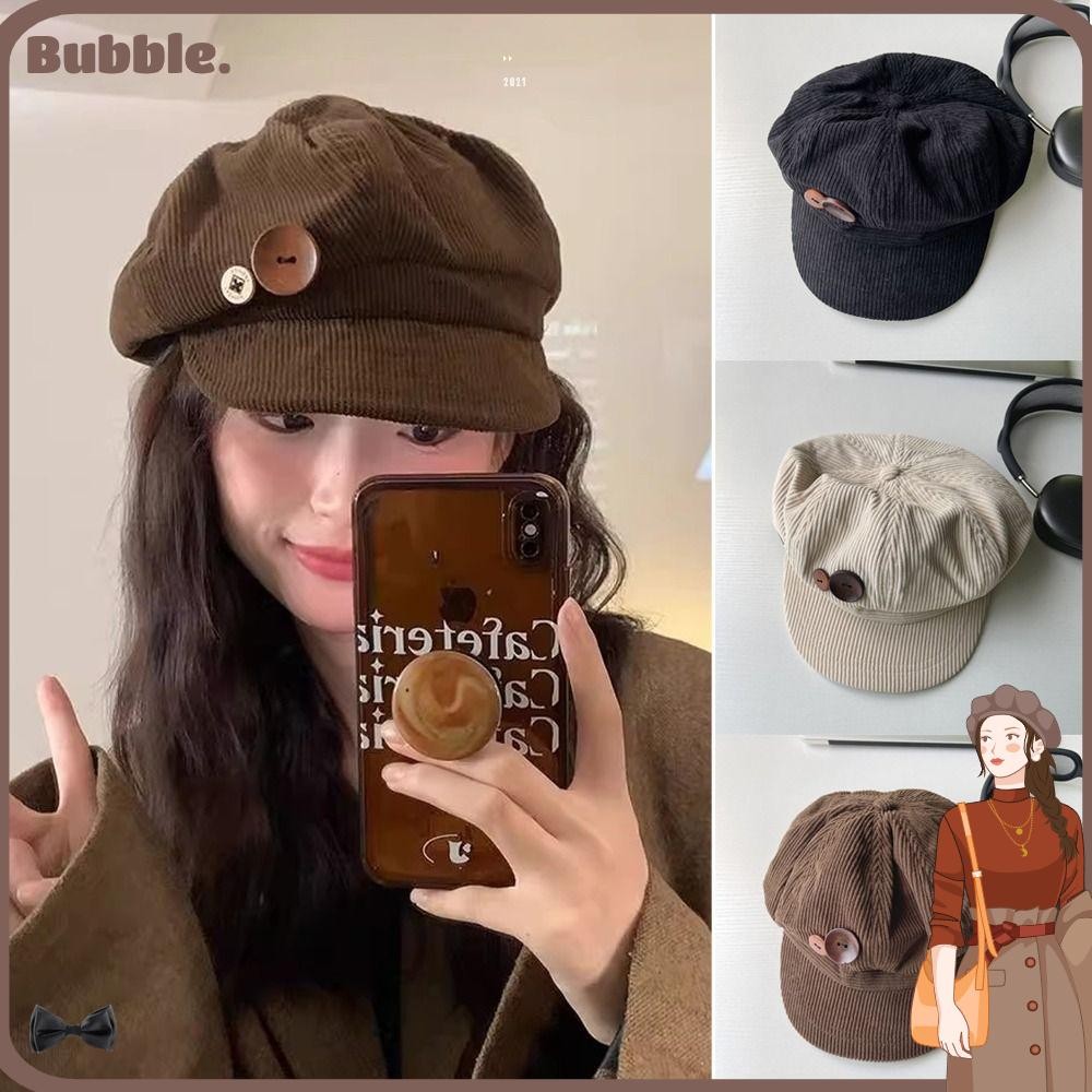 ฟอง หมวกเบสบอลผ้าลูกฟูก, ตกแต่งปุ่มคู่ให้ความอบอุ่นหมวกแปดเหลี่ยม, หมวกเบเร่ต์เรียบง่ายกันลมปรับหนังสือพิมพ์หมวกกลางแจ้ง