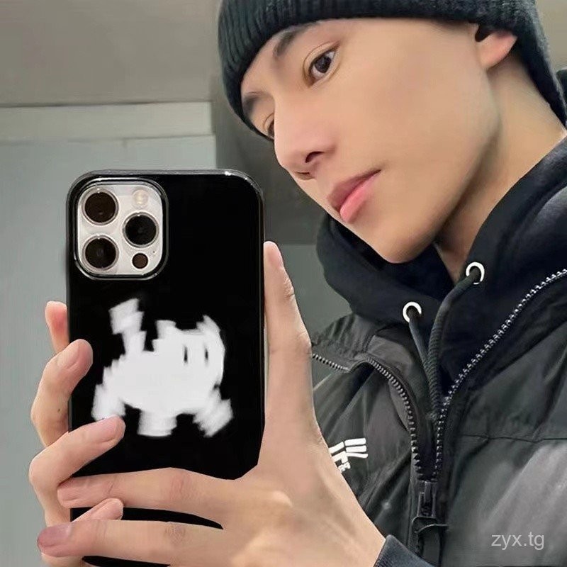 ลายเลือนสีขาวลายแมว iphone14plus เคส iPhone 13เรียบง่าย12pro บุคลิกภาพ11เงาสีดำ15max