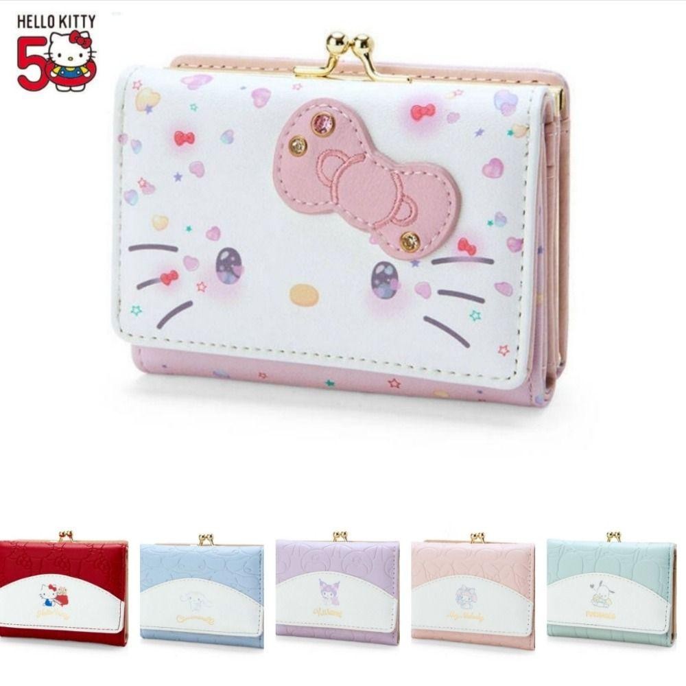 GIFTHUB กระเป๋า Hello Kitty, Kawaii Kuromi Cinnamoroll กระเป๋าสตางค์หนัง PU น่ารัก, ของขวัญวันเกิด Casual แฟชั่นกระเป๋าบัตรพับ