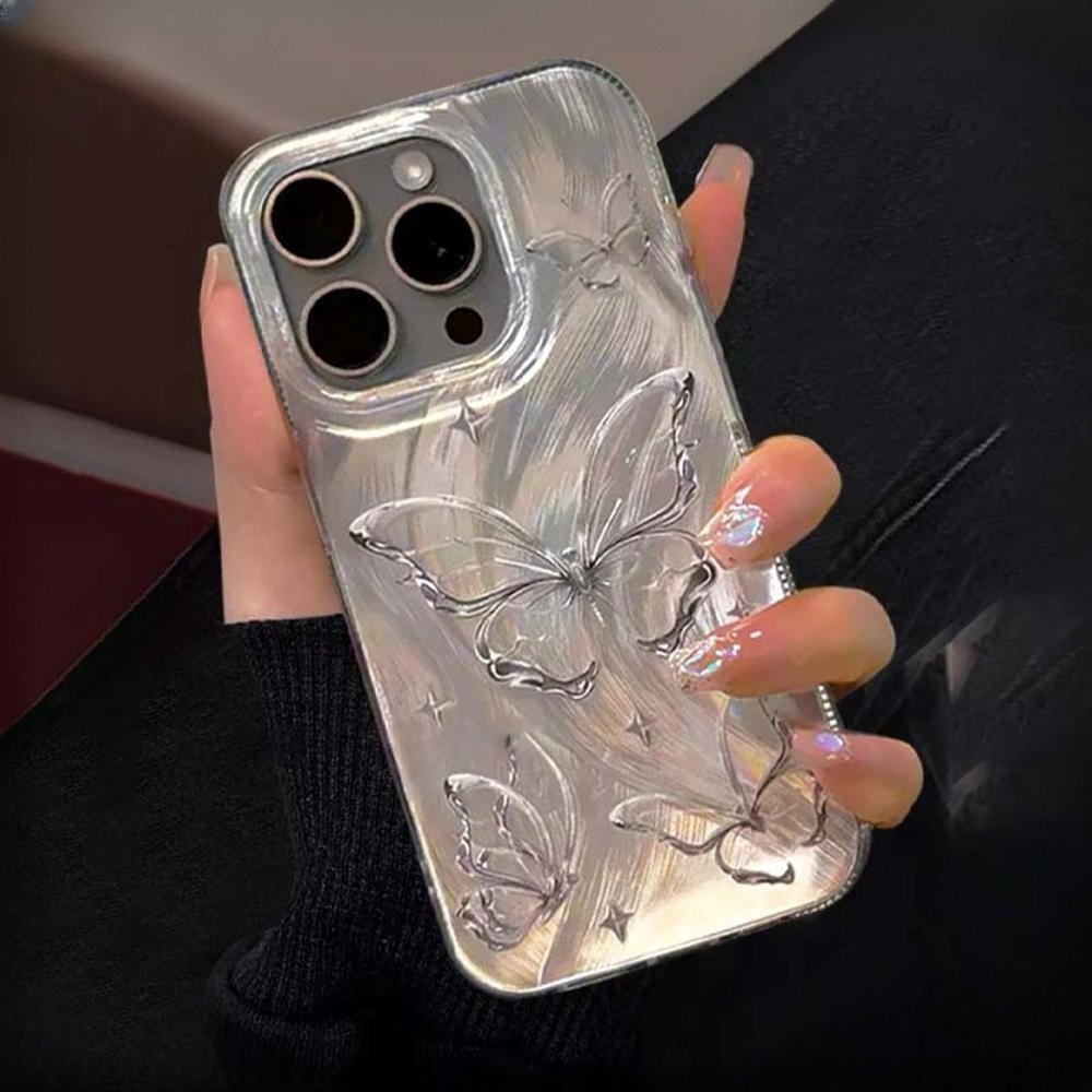 GOOD จากประเทศไทย เคส ไอโฟน ขนนกสีเงิน อ่อนนุ่ม TPU สำหรับ iPhone 11 15 12 14 13 Pro Max 14/15PLUSดินสอสี ผีเสื้อ