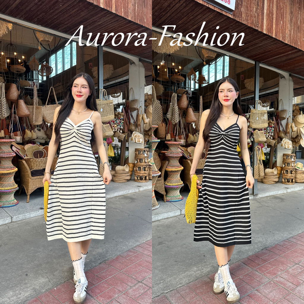 Aurora 🛒พร้อมส่ง🚚 (รูปถ่ายจากงานจริง) เดรสยาวสายเดี่ยว ผ้าไหมพรมลายทาง ชุดเดรสลายทาง ดีมาก