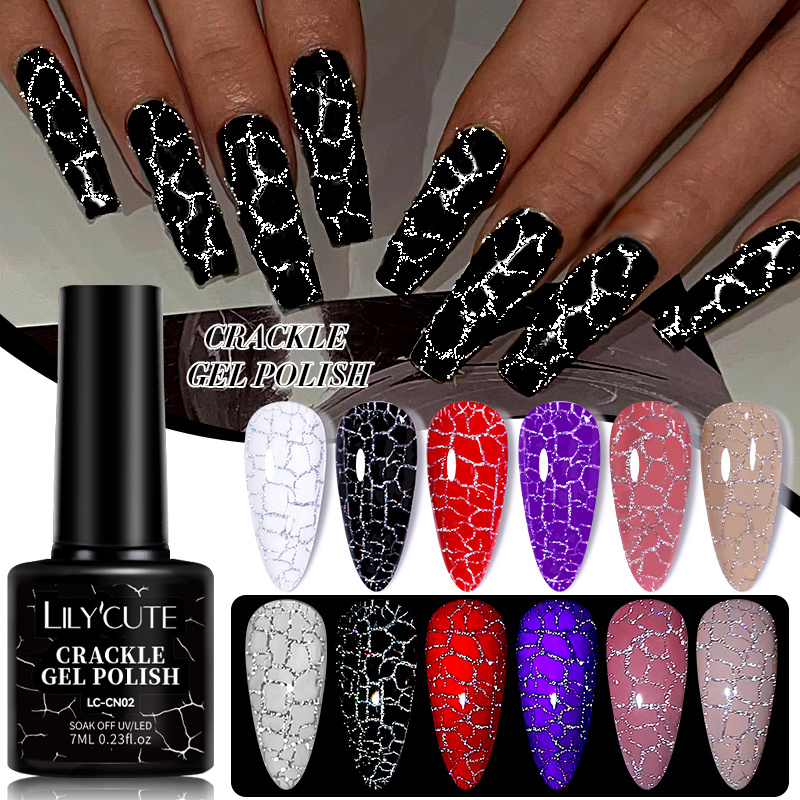 Lilycute 7ml Crackle Gel Polish Cracking Air Dry Nail Art UV Color Cracked Gold Silver White Black Beginner Friendly