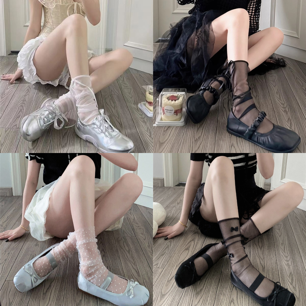 ถุงเท้าผูกโบว์สไตล์บัลเล่ต์หวานและน่ารักโลลิต้าถุงเท้าตาข่ายโปร่งใสบางเฉียบ
