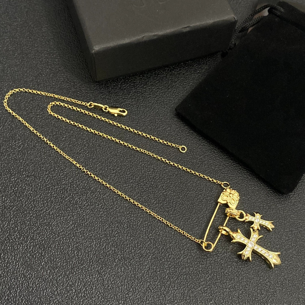 Double Cross Pin จี้ไทเทเนียมเหล็กสร้อยคอยุโรปสไตล์อเมริกันแฟชั่นบุคลิกภาพ High-End Clavicle Chain