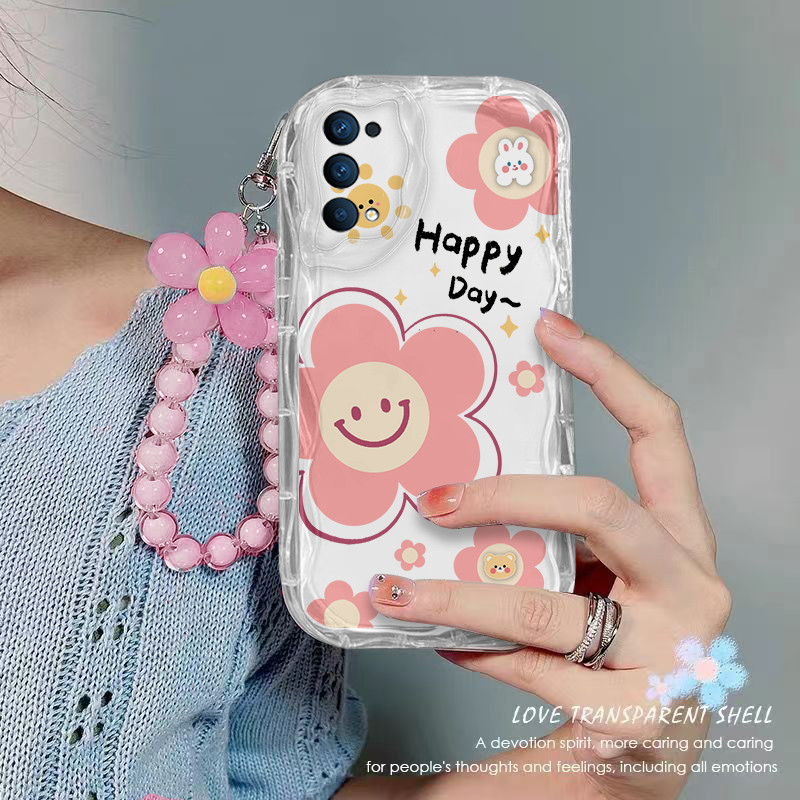 เคส OPPO A74 5G A54 เคสโทรศัพท์แบบใส ดอกไม้ เชือกห้อยลูกปัด เคสโทรศัพท์กันกระแทกแบบใส