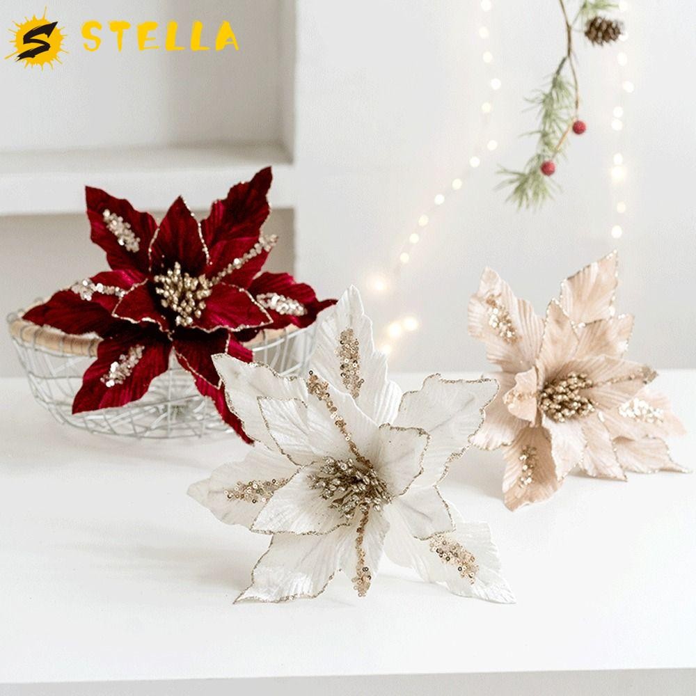 Stella Glitter คริสต์มาส Poinsettia ดอกไม้, 26 ซม.DIY Xmas Sequins ดอกไม้,ดอกไม้ปลอมจําลองหรูหราเทศกาลดอกไม้ประดิษฐ์ตกแต่งบ้าน Xmas ตกแต่ง