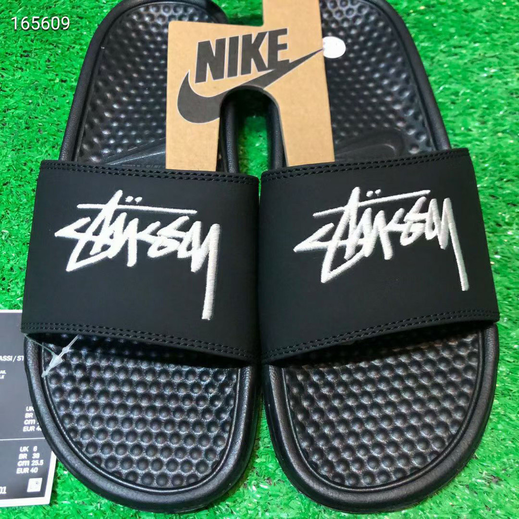 Stussy X Nike รองเท้าแตะคุณภาพสูงแบบลำลองกันลื่นแฟชั่นกลางแจ้ง